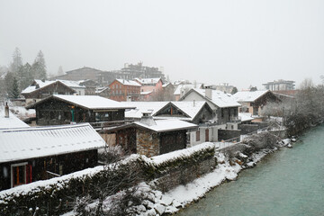 December snowfall in Chamonix Centre-ville, French alps resort, Haute Savoie , France