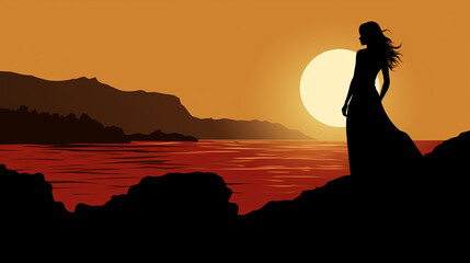 Naklejka premium Silhouette of an Elegant Woman Posing on a Seaside Cliff, Elegant, Woman