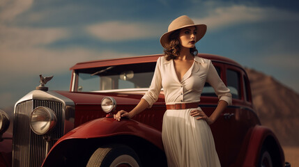 Elegant Woman Leaning Against a Classic Car in a Vintage Scene, Elegant, Woman