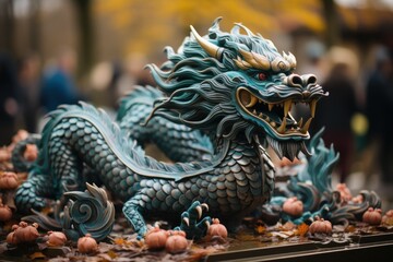 Festival featuring a green wooden dragon for Chinese New Year