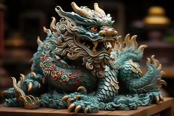 Festival featuring a green wooden dragon for Chinese New Year