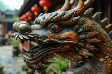 Fototapeta premium Festival featuring a green wooden dragon for Chinese New Year