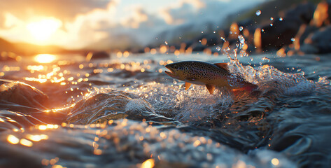 Trout jumping out of the turbulent waters of a mountain stream at sunrise - obrazy, fototapety, plakaty