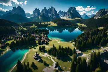 Fotobehang Aerial view of Lake mountain landscape. © DesignDynamo