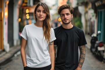 Man and woman wearing blank white and black t-shirt - obrazy, fototapety, plakaty