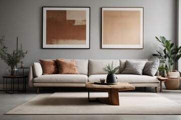 Wooden square coffee table near white sofa in room with grey wall with art poster. Minimalist elegant home interior design of modern living room.