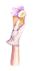 Hand in a glove with an ice cream cone illustration. Summer food concept design. Retro Cafe sweets menu clipart.