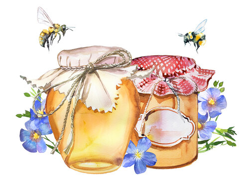 Flower honey jars with bee on it and flowers illustration. Watercolor jar of honey painting. Sweet honey branding logo isolated on white. Honey branding.