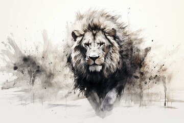 Image painting of a lion drawing using a brush and black ink on white background. Wildlife animals