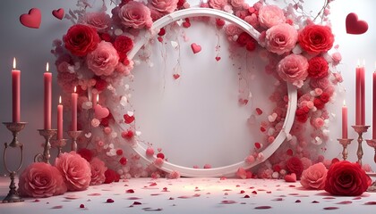 digital backdrop Pink backgrounds with candles for wedding design, Red design backgrounds, roses, hearts and candles red rose petals - obrazy, fototapety, plakaty