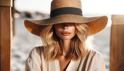 Summer Elegance: Chic Beachwear Trends, portrait of a stylish blonde woman with beach in background