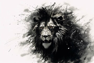 Image painting of a lion drawing using a brush and black ink on white background. Wildlife animals