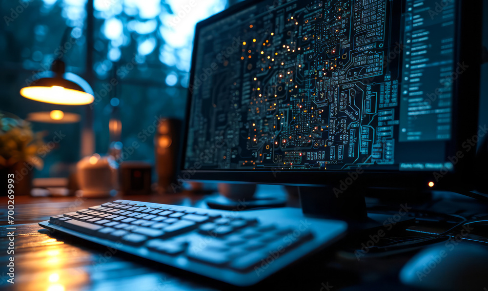 Poster computer monitor displaying intricate circuit board design for technology and electronics concept