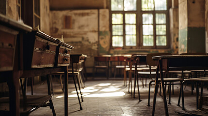 Interior of an old abandoned school building. Selective focus.