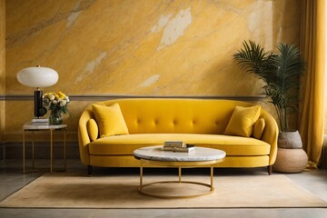Yellow fabric sofa and marble stone coffee table. Hollywood regency style interior design of modern living room.