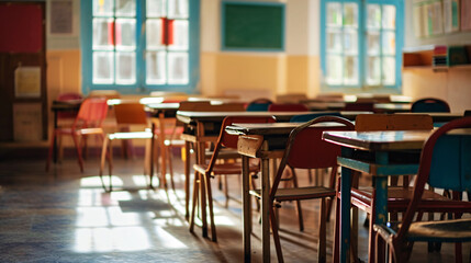 Interior of a school classroom with tables and chairs. Selective focus.