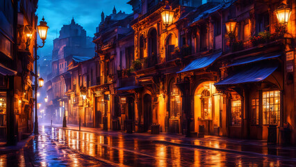 Streets of old town with yellow lantern lamps at night, very dark street with no people. - obrazy, fototapety, plakaty