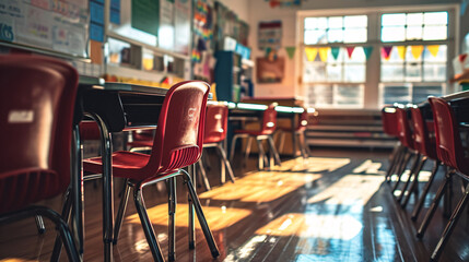 Close up of red chairs in a row in an empty school classroom.