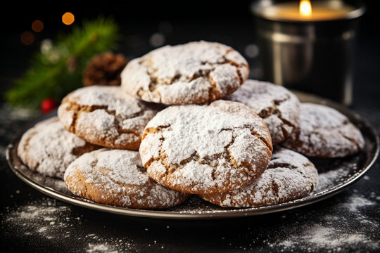 christmas cookies with powdered sugar on a wooden table
