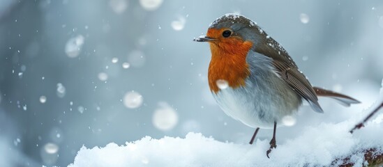 Robin Redbreast spotted in snowy UK during Storm Arwen. Scientific name: Erithacus rubecula. Space for text.