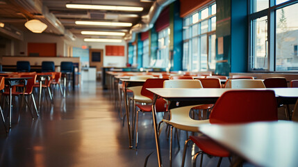 Empty classroom with tables and chairs, shallow depth of field. Selective focus. - obrazy, fototapety, plakaty