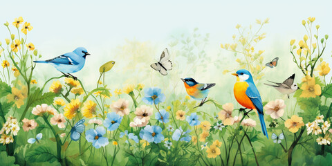 vector illustration of a forest with birds and flowers - obrazy, fototapety, plakaty