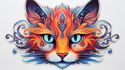 Artistic Cat Sticker with Intricate Patterns and Mandala Elements, Sticker, on white background