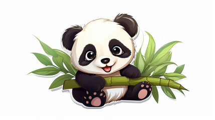 Obraz premium Cute Baby Panda Sticker with a Bamboo Shoot in Its Paw, Sticker, on white background