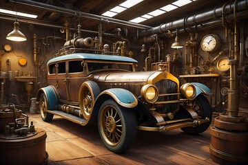 Steampunk Old-Timer Car in a Workshop. Steampunk Classic Car Workshop.