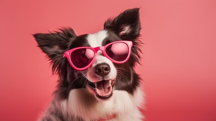 Adorable border collie puppy celebrates st. Valentine's day with heart-shaped sunglasses - high-quality image