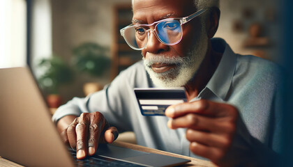 An Elderly African American man enters his credit car information online via his laptop connected to the internet. Many  elderly ones are vulnerable to online scams. - obrazy, fototapety, plakaty