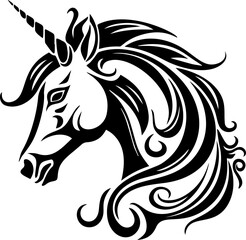 Black silhouette of unicorn. Vector illustration drawing, isolated on white background. Black shape of unicorn head	
