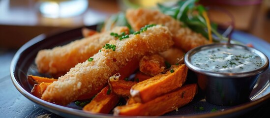 Fish fingers and sweet potato oven-fries served with tartare sauce, with focus on choice.