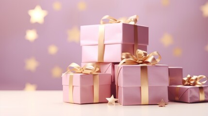 Vibrant stack of festive gift boxes with bows and copyspace &ndash; christmas, valentines day, birthday, and happy new year celebration concept