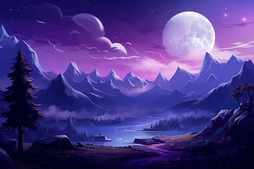 Tuinposter Nighttime purple wallpaper featuring mountain, forest, and moon landscape. Generative AI © Caledonia