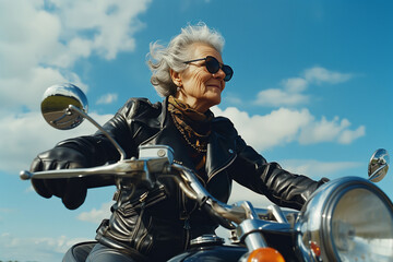 An older woman with gray hair wearing a leather jacket and sunglasses riding a motorcycle.