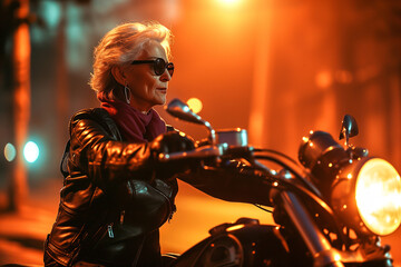 An older woman with gray hair wearing a leather jacket and sunglasses riding a motorcycle.