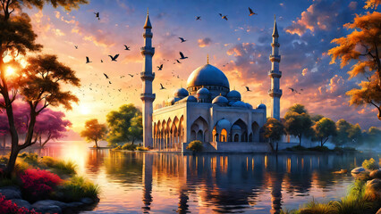A beautiful mosque beside the lake with trees and birds in sunset.