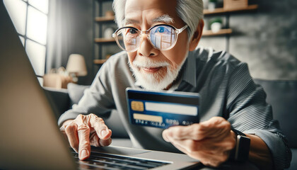 An Elderly man enters his credit car information online via his laptop connected to the internet. Many  elderly ones are vulnerable to online scams.