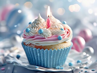 A festive cupcake with a lit candle surrounded by colorful confetti and ribbons, depicting a joyful event or birthday celebration