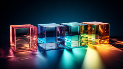 Transparent colored glass cubes are standing on a dark surface. - obrazy, fototapety, plakaty