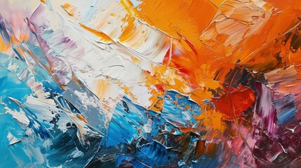 The composition is dynamic. Abstract oil painting. thick and textured strokes created with a palette knife. The colors are vibrant and include shades of red, blue, yellow and white.