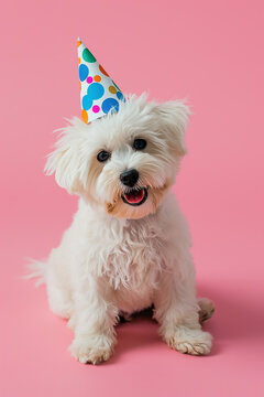 Happy cute Maltese dog wearing a party hat celebrating at a birthday party