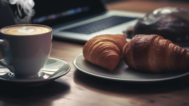 Morning Delight: A Fresh Coffee and Croissants Setup Next to a Laptop