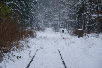 WINTER ATTACK - Snow covered old railway trail among the winter forest
