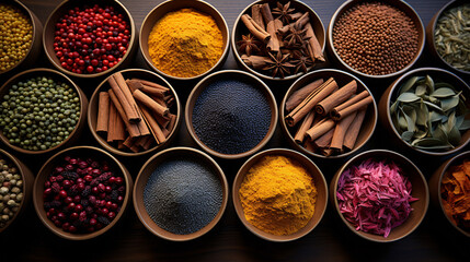 A birds-eye view of a scented bazaar exhibiting a plethora of bright spices.