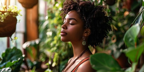 Achieve inner peace and mindfulness with a tranquil greenhouse garden and grateful African woman.