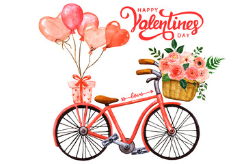 Fototapeta na wymiar Valentine's day design. Pastel Orange cute bicycle gifts with flower and heart ballon.