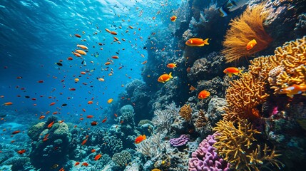 Exotic ocean creatures in vibrant hues amidst coral formations, perfect for exploring with snorkels or scuba gear.