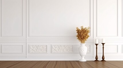 Neutral backdrop with traditional white wall, wooden flooring, interior furnishings, picture frame and potted flowers.